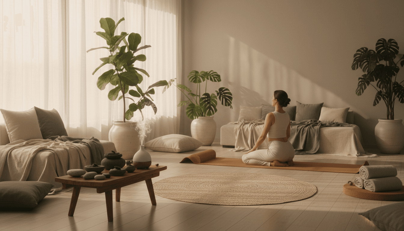 Peaceful, modern wellness space with natural lighting and botanical elements