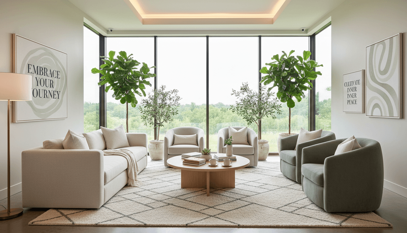 Bright modern office space with natural light, professional and welcoming environment suitable for wellness consultancy